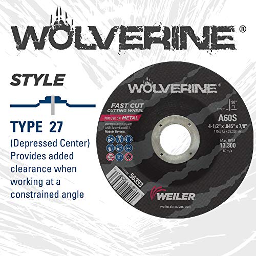 Image of Weiler 56393 4-1 /2 Inch Cutting Wheel, Wolverine AO Steel /Metal Fast Cutting, .045 inch A60S Type 27 7 /8 inch Arbor, Pack of 25