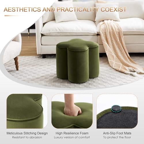 Zesthouse Flower Pouf Ottoman Foot Rest, Velvet Fabric Poofy Ottoman Footstool for Couch, Modern Living Room Stool Seat, Cute Square Vanity Stool for Bedroom Dorm, Green