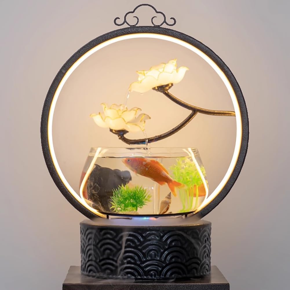 Innen-Desktop-Wasserspiel-Aquariumbrunnen, Aquarium Mit LED-Lichtring, Glasaquarium Mit Keramiksockel, Künstlicher Landschafts-Desktopbrunnen,C