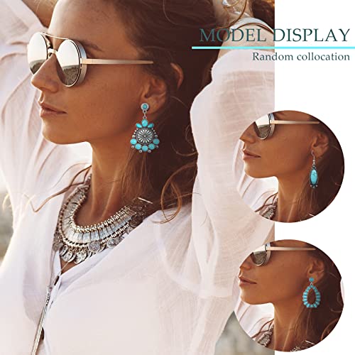12 Pairs Turquoise Earring Set Turquoise Bohemian Dangle Stud Earrings Turquoise Round Metal Earrings Boho Vintage Oval Earring Metal Earring For Women And Girls #TOP4