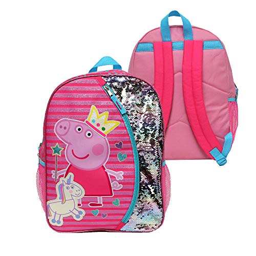 Peppa Pig Backpack For Girls For Kindergarten & Elementary School, 16 Inch, Flip Sequins & Glitter Bookbag With Padded Back & Adjustable Shoulder Straps, Lightweight Travel Bag For Kids #TOP1