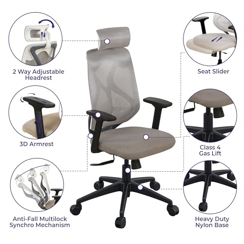 Image of Wakefit Gravita Ergonomic Office Chair for Work | 3 Year Warranty | Multi-Lock Seat Slider and Recline | Soft Armrest with 3D Adjustability| Strong Nylon Base | 8+ Hours of Comfort| White and Grey