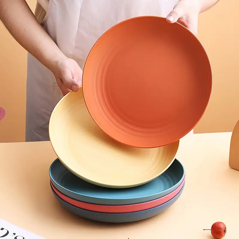Image of Premium Wheat Straw Plates Set of 4 | Unbreakable Lightweight Dinner Plates | BPA Free Reusable Dishware | Microwave & Dishwasher Safe | Multicolor Serving Plates for Kids & Adults - 23cm