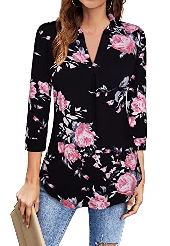 Siddhe Bluse Damen Elegant 3/4 Ärmel Tunika Tops Große Größen V-Ausschnitt T-Shirt Arbeits Oberteile Lockere Shirt Casual Longshirt A-Linie Damenblusen Lose Office Mode Hemd Schwarz, Blumenmuster L Cover