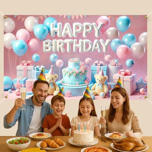 Image of Happy Birthday Backdrop 70.8x43.3in, Pink Blue Pastel Teddy Bear Photography Background Photo Booth Banner Spring Easter Birthday Party Decorations Supplies for Baby Girls Boys Kids Toddlers