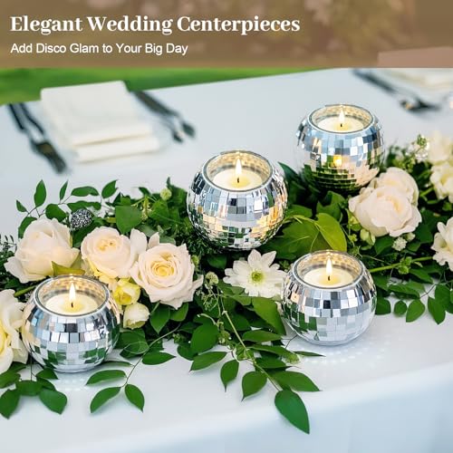 Image of Luditek Disco Ball Candle Holders, 12 Pcs Mirror Silver Decor for Christmas Birthday Wedding NYE Party Decorations, Glass Votive with Tealights for Home Table Centerpiece, Gifts for Women