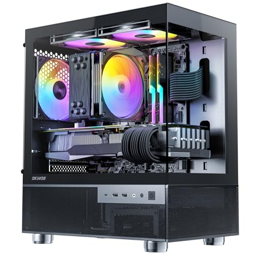 Okinos Aqua 3, Micro ATX Case, MATX PC Case with 3 X 120mm 3-Pin ARGB Fan Pre-Installed, Panoramic View Tempered Glass Front & Side Panel, with Type C Port, Black