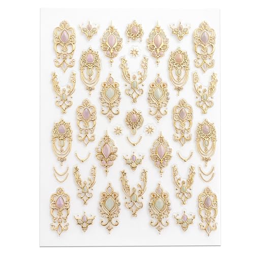 Embossed Gold Gemstone Nail Art Stickers – Vintage Court Style