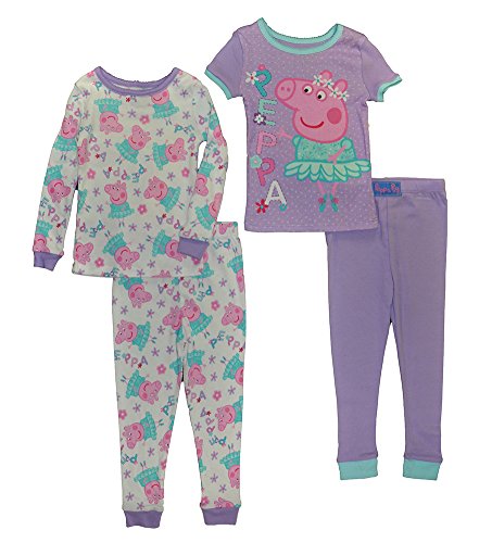 Peppa Pig Girls' Toddler Ballerina 4 Piece Cotton Pajama Set, Purple, 4T