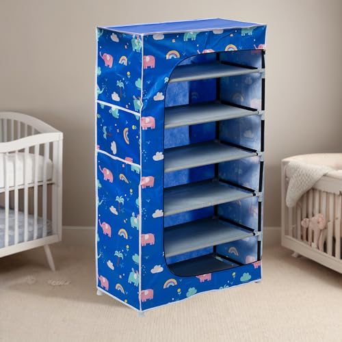 Image of BONTEC Baby Wardrobe for Clothes - almirah - Rack fot Storage Multipurpose Plastic almirah Printed Cover 6 Shelves Storage Clothes Storage Rack Quick Cabinet /Multipurpose (Baby Blue)