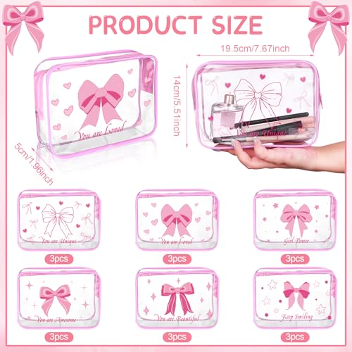 18Pcs Pink Bow Clear Makeup Bag Coquette Bows Cosmetic Bags PVC Travel Toiletry Preppy Portable Gift Transparent Pouch with Zipper Waterproof for Birthday Party Favor Mother Nurse Girls2