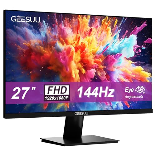 GEESUU 27 Zoll Monitor 144Hz, 1080p PC Gaming Monitors with VA, 99% sRGB, VESA 75x75mm, Eye Care Screen with HDMI 2.0 & DP 1.4