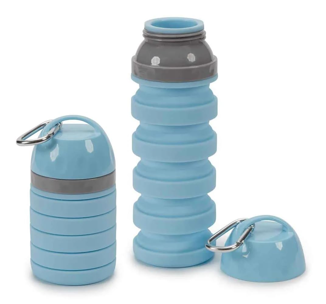 20 ounce Collapsible Water Bottles for People and Pets Flexible Accordion Style Choose Quantity (Blue, 2 Water Bottles)