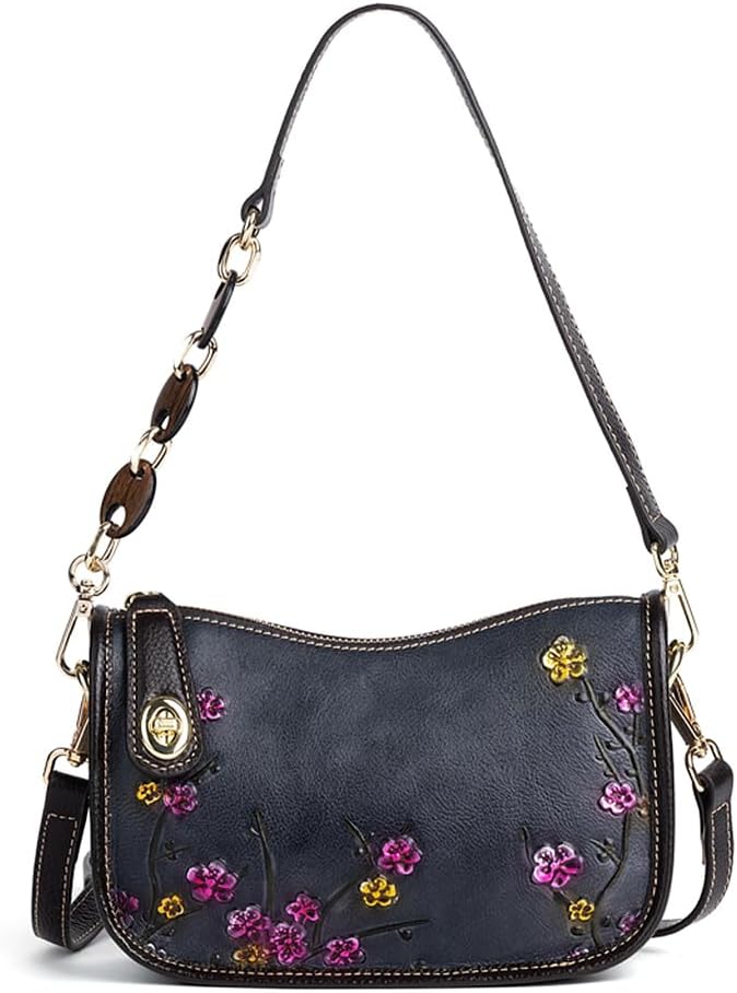 Genuine Leather Shoulder Bag for Women: Vintage Cowhide Leather Crossbody Purse - Flower Embossed Underarm Bag