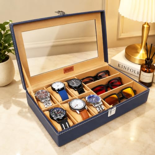 Image of LEDO Watch Box Organizer with 6 Watch Slots and 3 Sunglasses Slots, Blue and Cream, PU Leather, Rectangular, Metal Clasp Lock, Transparent Display Window