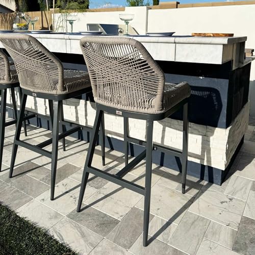 Image of PURPLE LEAF Bar Stools Set of 2 Outdoor Bar Height Metal Stools Modern Wicker Rattan Barstools with Back Aluminum Outside Garden Patio Bar Chairs
