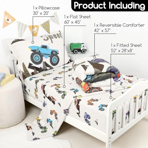 Image of 4 Piece Toddler Bedding Set, Ultra Soft and Breathable Cartoon Car Toddler Comforter Sets for Boys Includes Quilted Comforter, Fitted Sheet, Flat Sheet and Pillowcase