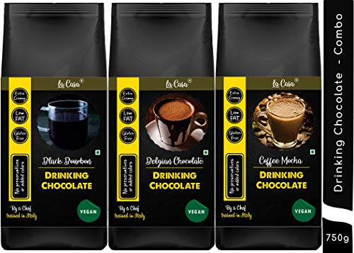 Image of La Casa Vegan Dark Drinking Chocolate - Belgian Chocolate + Coffee Mocha + Black Bourbon | Combo Pack of 3 | Gluten Free | All Natural | 250g+250g+250g |