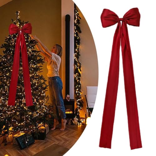 Lazo Grande de Satén y Terciopelo Rojo para Decoración de Árbol de Navidad - 16 x 57 Pulgadas - Suministros para el Hogar