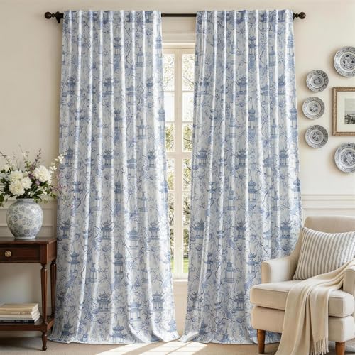 Blue White Patterned Velvet Curtains 108 inch for Living Room,2 Panels