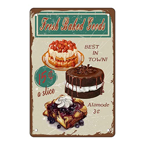 Asoodoo Bakery Restaurant Kitchen Tin Sign Decor，Fresh Baked Goods Best in Town, Vintage Retro Metal Tin Sign Wall Plaque Poster Best Gift 8 x 12 Inches