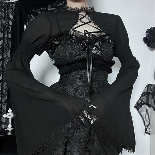 Image of Women Gothic Crop Top Shirt Y2K Black Bell Sleeve Shawl Cardigan