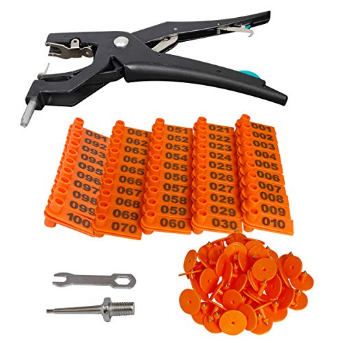 Vertical Pressure Automatic Rebound Ear Tag Pliers (001-100 Number), Livestock Animal Plastic Tags and Upgrade Ear Tagging Pliers with Spare pins for Installing Pigs Cattle Sheep Ear Tags
