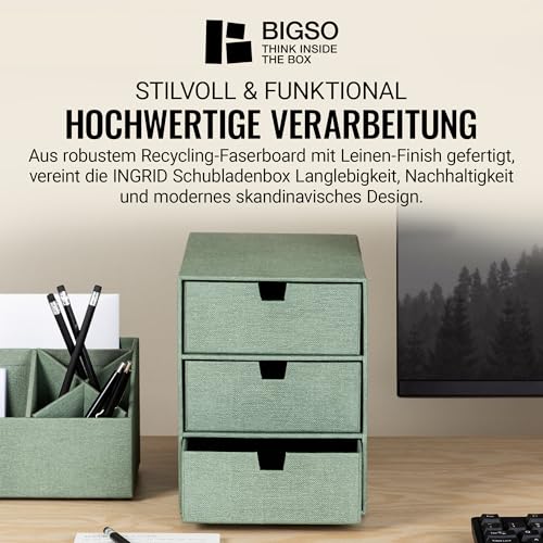 BIGSO INGRID Schubladenbox für Dokumente und Bürobedarf – Schreibtisch Organizer mit 3 Schubladen – Ablagesystem aus Faserplatte und Papier in Leinenoptik – mintgrün