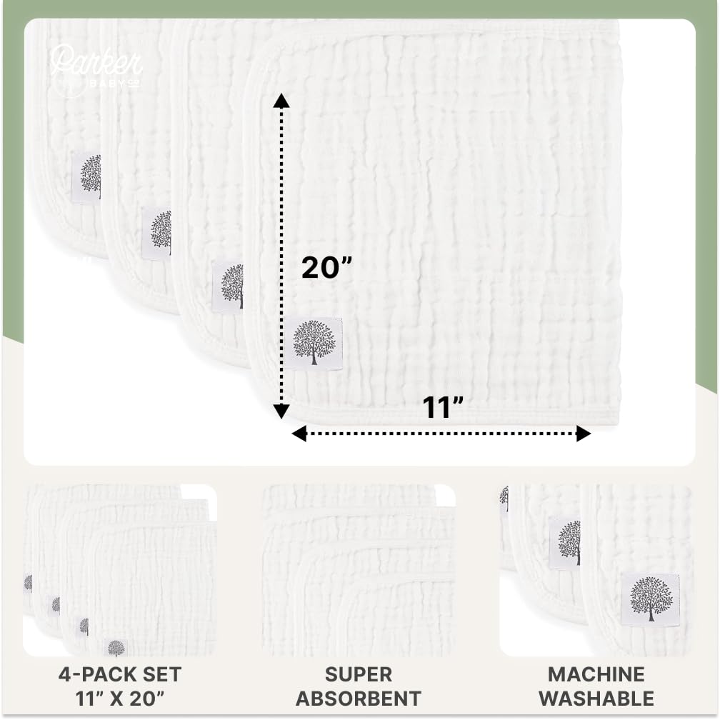 Parker - Paños de muselina de algodón para bebé, paquete de 4 unidades, ropa grande de algodón para eructos para niños, niñas, unisex (blanco)