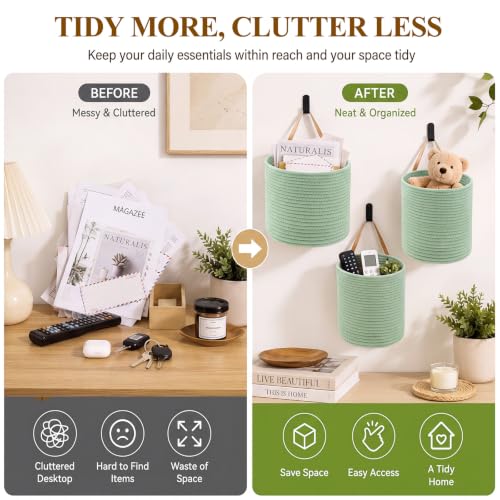 Image of Honeydak 3 Hanging Baskets, Sage Green, Cylinder, Cotton Rope