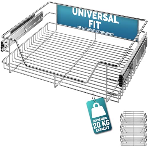 CASARIA 3x Pull Out Telescopic Kitchen Drawer | For 60cm Units - 56cm Internal Cabinet Dimensions | Chrome-Plated | 20kg Load Capacity | Basket Shelf Organiser Storage Space Saving