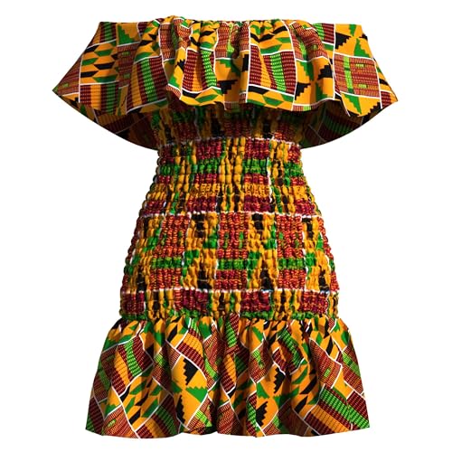 Image of iooiooi Women's Bodycon Dress Off Shoulder Ruffle Elasticated Ankara Dresses Summer African Print Dresses