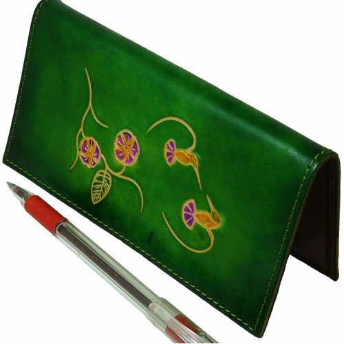 Real Leather Check Book Cover, Two Hummingbirds And Flower Patterns Embossed On Both Side With Different Color(S). (Green) #TOP1