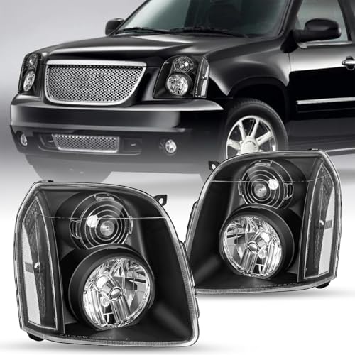 JSBOYAT Headlight Assembly for 2007 2008 2009 2010 2011 2012 2013 2014 GMC Yukon/Yukon XL 1500 2500 SLE SLT Headlamp OEM Pair Replacement Black Housing