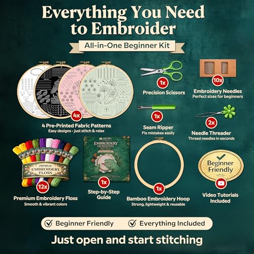 Image of Moni Crafts - Embroidery Kit for Beginners Adults - Learn 41 Stitches with Complete Starter Kit, 4 Pre-Printed Patterns, Threads, Needles & Hoop - Hand Embroidery Kit with Video Tutorials