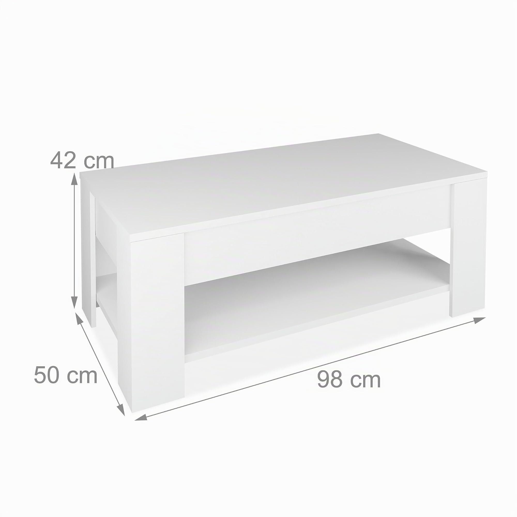 Relaxdays Tavolino da Salotto Contenitore, HxLxP: 42 x 98 x 50 cm, Tavolo da caffè Basso con Piano Sollevabile, Bianco