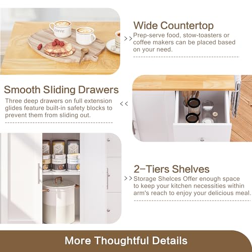 Image of SUNLEI Kitchen Island on Weels with Storage Cabinet & Foldable Drop Leaf, Buffet Sideboard Cabinet, Cart Handle for Towel Rack, Drop Leaf, Portable Islands for Kitchen (Cream White, 39.7-INCH)