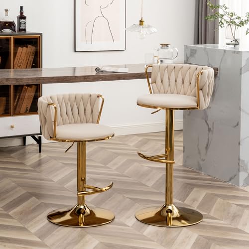 Gold-Velvet-Bar-Stools-Set-of-4-Swivel-Counter-Height-Bar-Stools-with-Back-Adjustable-Woven-Barstools-for-Kitchen-Island-Pub-Club-Beige Gold Velvet Bar Stools Set of 4 Swivel Counter Height Bar Stools with Back Adjustable Woven Barstools for Kitchen Island Pub Club Beige