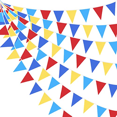 32Ft Red Blue Yellow Fabric Bunting Banner Party Decorations Cloth Triangle Flag Banner Pennant Garland for Carnival Circus Clown Wedding Kids Birthday Baby Shower Outdoor Garden Festivals Decor