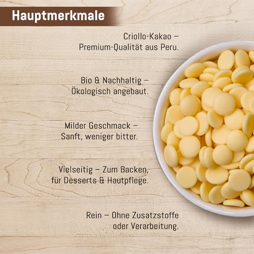 Bio Edel­kakao Butter Criollo 400g – Rohkostqualität | Naturbelassene Kakao­butter aus Criollo Bohnen | Vegan & Superfood für Backen, Smoothies & Desserts
