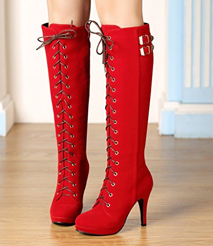 Image of getmorebeauty Womens Knee High Boots Suede Buckle Rock Lace Up Zipped Thigh High Heel Boots