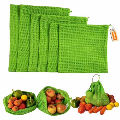 Image of Solitude Set of 6 Cotton Vegetable Fridge Bag | Eco-friendly Natural Vegetables Bags for Fridge Storage | Multi-purpose 100% Cotton Mesh (Neem Green)