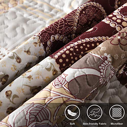 Travan 3-Piece Queen Quilt Set Quilted Bedspread Lightweight Soft Coverlet Set Printed Coverlet Bedding Set For All Season, Patchwork Brown, Queen Size #TOP2