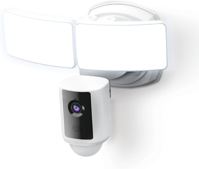Cámara de seguridad con reflector WiFi, 5000 lúmenes, 1080p HD | Wi-Fi de 2,4 Ghz, funciona con Alexa y Google Home, control de aplicaciones, alertas de movimiento, visión nocturna, audio bidireccional, cableado, exterior