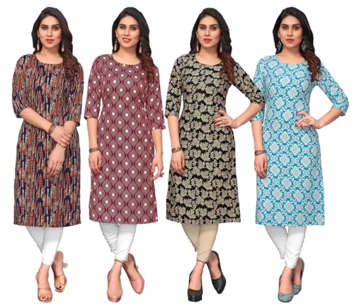Image of JAKHANA Women's Crepe Printed Casual Straight Calf Length Round Nick Kurta Pack of 4