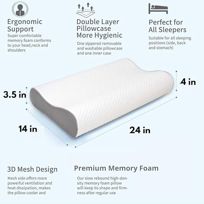 MASHUR FAB Cervical Contour Memory Foam Pillow for Sleeping,Orthopedic Pillow for Neck Pain, Support for Back,Stomach,Side Sleepers, with Breathable Zip Cover (19X12X4INCH) 1