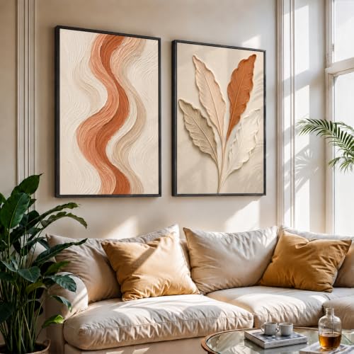 Image of NoWorries Textured Leaf Wall Painting Set of 2 with Frame | Terracotta Beige Abstract Line & Botanical Leaf Artwork, Modern Neutral Nature Wall Decor for Living Room, Bedroom, Office and Home Decoration (Art-12, 10x13inch)