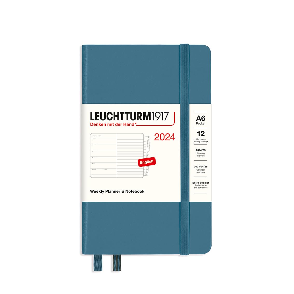 LEUCHTTURM1917 367745 Agenda semanal y cuaderno de bolsillo (A6) 2024, 12 meses, azul piedra, inglés