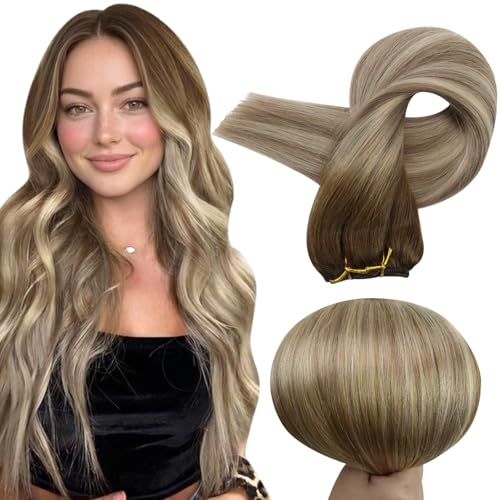 Image of Full Shine Weft Hair Extensions, Balayage Sew In Extensions Real Human Hair | 24 Inch 105G, Color 3 /8 /22 Dark Brown To Light Blonde Mix Ash Brown, Human Hair Weft, Long Styling, Women Daily Wear