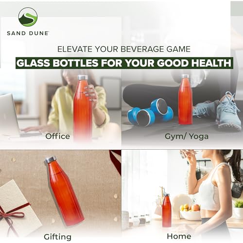 Image of SAND DUNE OrangeColour Glass water bottle, 800 ml Each, Set of 2, with Leak-Proof Airtight Stainless-Steel Lid for Water, Smoothie, Juices - Reusable Travel Glass Drinking Fridge Bottles